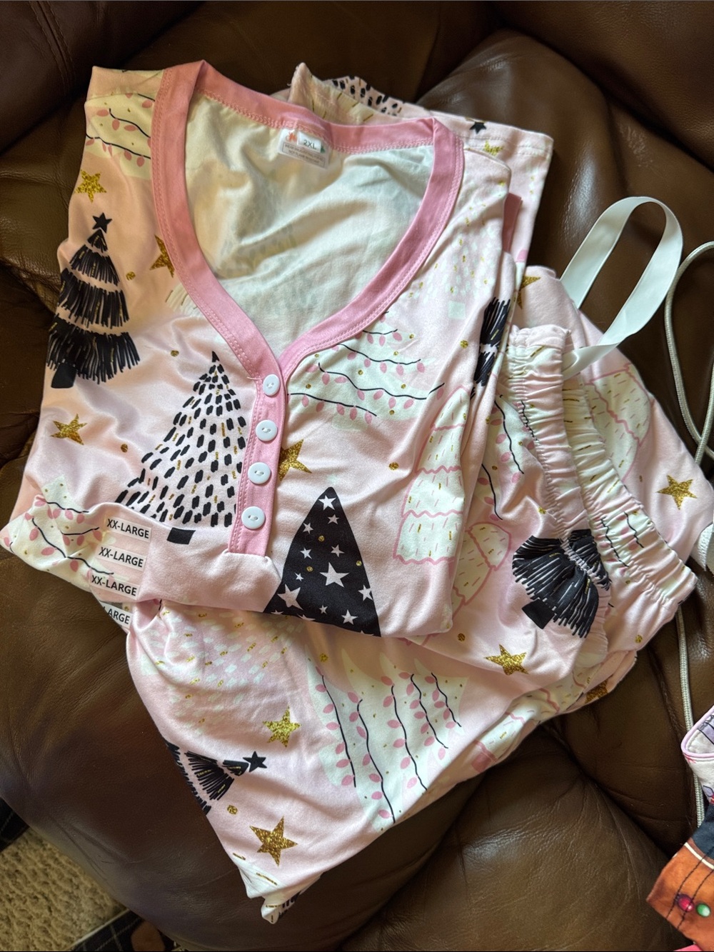Adult Pink Holiday Tree Print Pajama Set